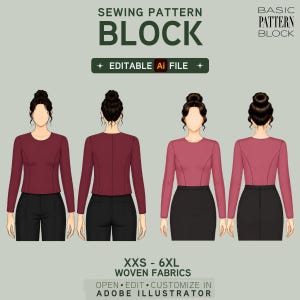 Può includere: Un file di cartamodello digitale per Adobe Illustrator con viste frontali e posteriori di un top a maniche lunghe in rosso scuro e rosa, abbinato a pantaloni e gonna neri. Testo: SEWING PATTERN BLOCK, EDITABLE Ai FILE, XXS-6XL.