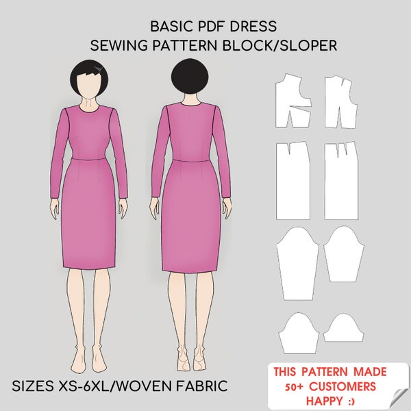 Dress Sewing Pattern Block, Bodice, Top,  Skirt, long sleeve, Sloper/Template, Sizes (Regular & Plus) XS- 6XL, Woven Fabric
