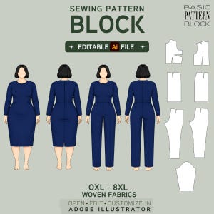 Könnte beinhalten: Grafik eines digitalen Schnittmusterblocks mit dem Text „SEWING PATTERN BLOCK“ und „EDITABLE AI FILE“. Die Grafik zeigt Illustrationen eines Kleides, eines Bleistiftrocks und einer Hose in Marineblau. Das Muster ist für die Größen OXL-8XL und Webstoffe.