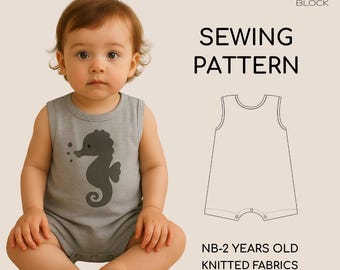 Patrón de costura para body sin mangas para bebé / NB–2 años / Tejido de punto / PDF imprimible y para proyector