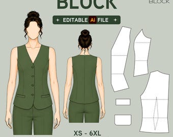 EDITABLE PDF | Women's Buttoned Waistcoat Pattern Block | V-Neck Vest | Woven Fabric | XS-6XL