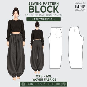 Könnte beinhalten: Ein digitales Schnittmuster für eine maßgeschneiderte Ballonhose, mit Vorder- und Rückansicht des Kleidungsstücks an einer Figur sowie technischen Strichzeichnungen. Der Text umfasst SEWING PATTERN BLOCK, TAILORED BALLOON PANTS, PRINTABLE FILE und XXS - 6XL.