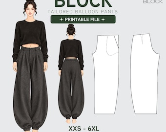 Tailored Balloon Pants Sewing Pattern Block | Pleated Cocoon Trousers (PDF)