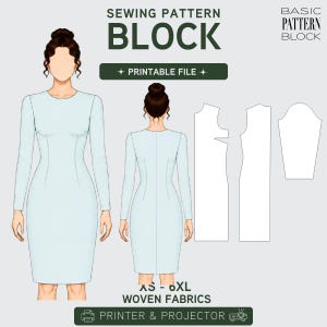 May include: A digital sewing pattern block for a long-sleeve dress, featuring a front and back view of a figure in a light blue dress, alongside flat pattern pieces. Text includes SEWING PATTERN BLOCK, PRINTABLE FILE, and XS-6XL WOVEN FABRICS.