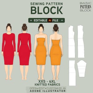 Könnte beinhalten: Grafik für Schnittmuster mit dem Text „BLOCK“ und „EDITABLE AI FILE“. Das Bild zeigt Illustrationen von Kleidern in Rot und Orange sowie Schnittmusterteile. Die Größen reichen von XXS bis 6XL.