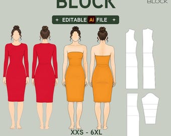 EDITABLE PDF | Knit Dress Sewing Pattern Block Bundle | Basic Bodice & Strapless Tube | XXS-6XL