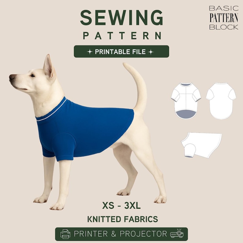 May include: A sewing pattern for a dog shirt, featuring a printable file for knitted fabrics in sizes XS to 3XL. The image shows a white dog wearing a solid blue shirt with white trim, alongside technical line drawings of the garment pattern.