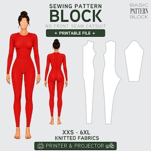 Könnte beinhalten: Illustration eines roten Catsuits mit Vorder- und Rückansicht sowie Schnittmustern. Der Text lautet "SEWING PATTERN BLOCK" und "NO FRONT SEAM CATSUIT". Enthält "PRINTABLE FILE" und die Größe "XXS - 6XL". Das Design ist für Strickstoffe.
