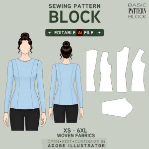 May include: A digital sewing pattern block for a long-sleeve top, featuring front and back views of a figure in a light blue shirt and black pants, alongside white pattern pieces. Text includes SEWING PATTERN BLOCK, EDITABLE Ai FILE, and XS-6XL.