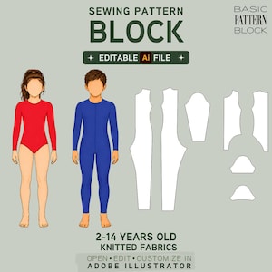 May include: A digital sewing pattern block for 2-14 years old knitted fabrics, featuring an editable Ai file. The graphic displays a red leotard, a blue jumpsuit, and white pattern templates for children. Text includes SEWING PATTERN BLOCK.