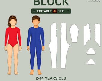 EDITABLE PDF | Kids Bodysuit Leotard Sewing Pattern Block Bundle | Gymnastics Catsuit | Knit | Age 2-14