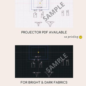 May include: A digital sewing pattern block displayed on white and black grid backgrounds. The image includes the text BASIC PATTERN BLOCK, PROJECTOR PDF AVAILABLE, no printing, and FOR BRIGHT & DARK FABRICS. The pattern pieces show garment outlines.