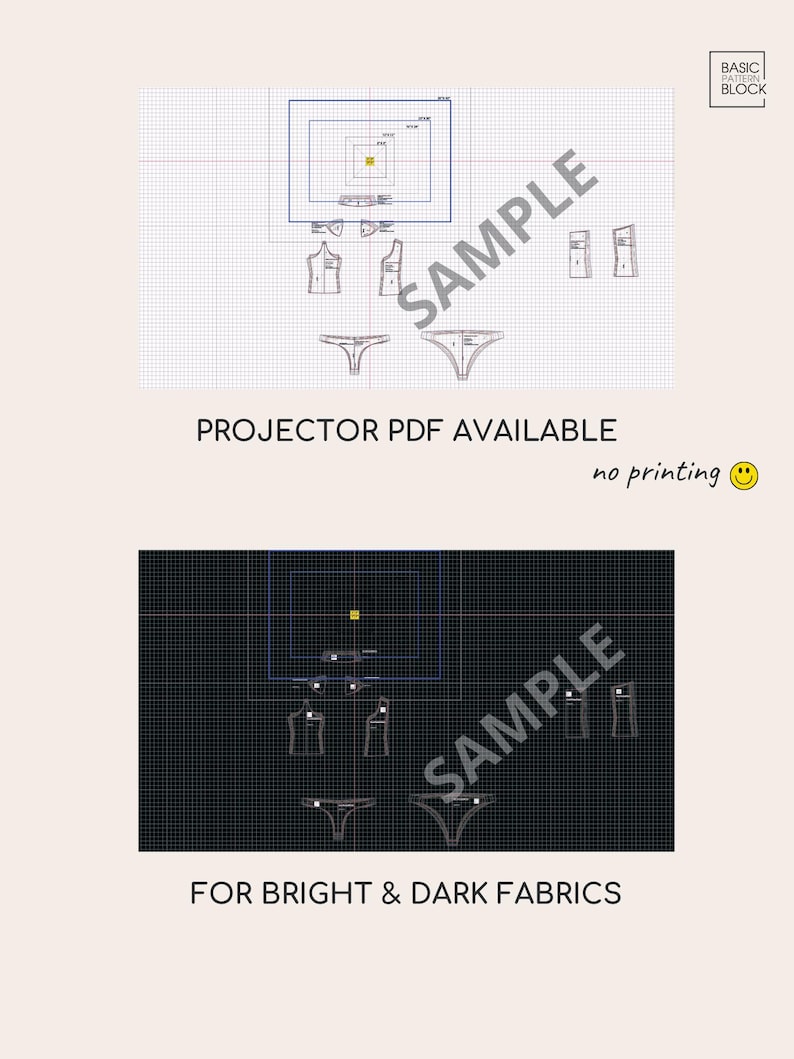 May include: A digital sewing pattern block displayed on white and black grid backgrounds. The image includes the text BASIC PATTERN BLOCK, PROJECTOR PDF AVAILABLE, no printing, and FOR BRIGHT & DARK FABRICS. The pattern pieces show garment outlines.