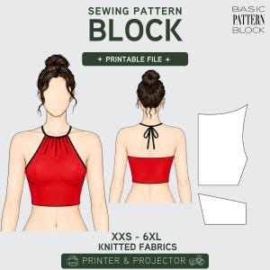 Op de afbeelding: Digitaal naaipatroon voor een rode haltertop, met voor- en achteraanzicht. Het patroon bevat maten XXS-6XL en is ontworpen voor gebreide stoffen. De tekst op de afbeelding luidt "SEWING PATTERN BLOCK" en "PRINTABLE FILE".