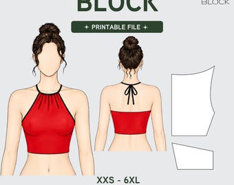 PDF / Patrón de costura para top corto tipo halter de punto / Bustier sin espalda / Lazo en la espalda / XXS-6XL