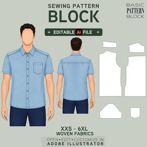 EDITABLE PDF | Oversized Men's Shirt Sewing Pattern Block | Button-Up Short Sleeve | XXS-6XL