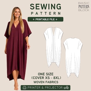 Op de afbeelding: Een naaipatroon voor een losvallende kaftanjurk met een V-hals en korte mouwen. De afbeelding bevat de tekst: SEWING PATTERN, BASIC PATTERN BLOCK, PRINTABLE FILE, ONE SIZE (COVER XS - 8XL) WOVEN FABRICS, PRINTER & PROJECTOR.