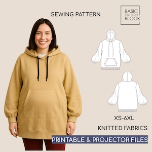 Wzór do szycia bluzy ciążowej z kapturem • Dzianinowy sweter ciążowy (do pobrania w formacie PDF) • Rozmiary XS-6XL