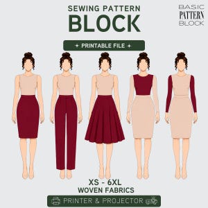 Peut inclure: Un patron de couture numérique pour tissus tissés en tailles XS à 6XL, présentant cinq illustrations de silhouettes portant diverses combinaisons de hauts sans manches, hauts à manches longues, jupes et pantalons dans des tons bordeaux et beige.