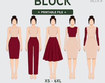 PDF | Basic Sewing Pattern Block Bundle | Bodice Sleeves Skirt Pants Circle Skirt | Woven | XXS-6XL