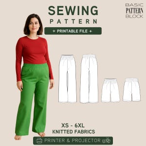 May include: A sewing pattern for knitted fabrics, featuring a printable file for a basic pattern block. The image displays a red long-sleeve shirt and green elastic-waist trousers, alongside technical line drawings of trousers and shorts in sizes XS-6XL.