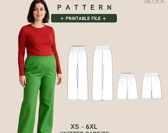 Molde para Calças de Gestante de Pernas Largas: Tecido de Malha (Download em PDF), Tamanhos do XS ao 6XL