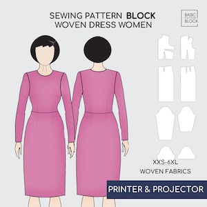 Dress Sewing Pattern Block, Bodice, Top,  Skirt, long sleeve, Sloper/Template, Waist Seam Dress Sewing Pattern| Sizes  XS- 6XL, Woven Fabric