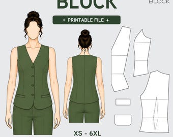 PDF | Women's Buttoned Waistcoat Sewing Pattern Block | V-Neck Vest | Woven Fabric | XS-6XL