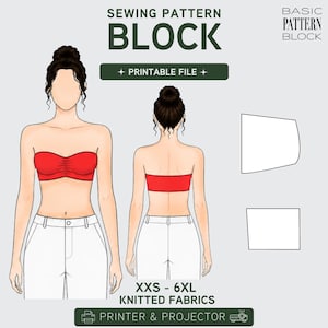 May include: A sewing pattern block graphic with the text "SEWING PATTERN BLOCK" and "PRINTABLE FILE". The image shows front and back views of a red tube top on a figure, with the text "XXS - 6XL KNITTED FABRICS" and "PRINTER & PROJECTOR".