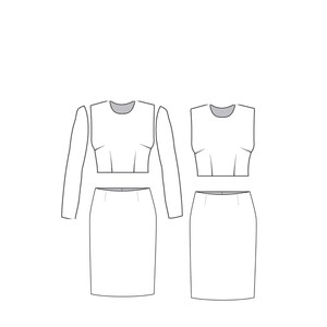 May include: A black and white technical drawing of a basic pattern block featuring a long-sleeved crop top, a sleeveless crop top, and two matching skirts. The text BASIC PATTERN BLOCK and basicpatternblock.com are visible on the page.