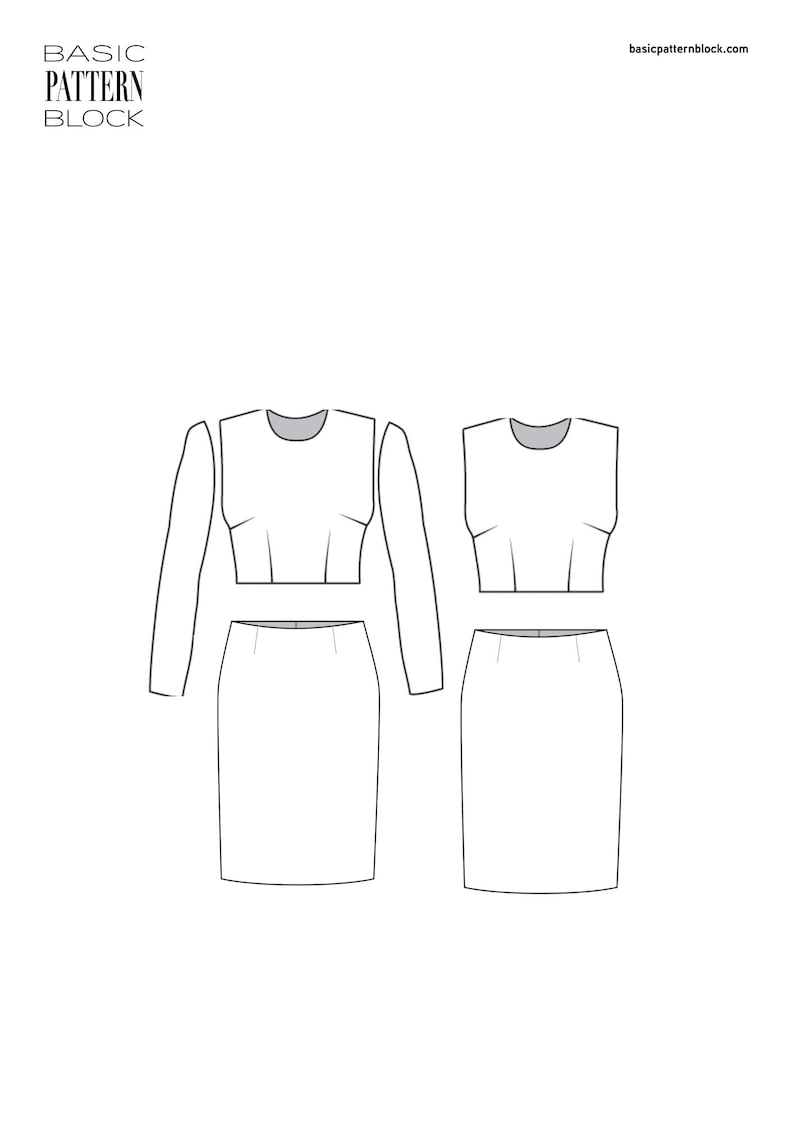 May include: A black and white technical drawing of a basic pattern block featuring a long-sleeved crop top, a sleeveless crop top, and two matching skirts. The text BASIC PATTERN BLOCK and basicpatternblock.com are visible on the page.