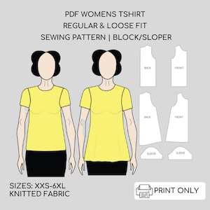 Padrão de costura básica para camiseta Sloper Block para mulheres | Tamanhos XS-3XL | Download instantâneo | PDF