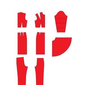 以下が含まれることがあります： 赤い色のドレス、スカート、パンツ、トップスの縫製パターンセット。パターンには「Basic Block」と「Contents」のラベルが付けられています。