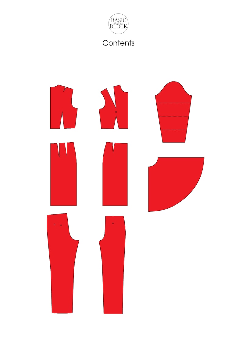 以下が含まれることがあります： 赤い色のドレス、スカート、パンツ、トップスの縫製パターンセット。パターンには「Basic Block」と「Contents」のラベルが付けられています。