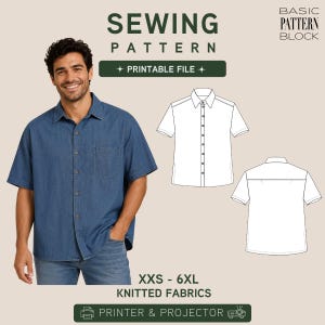 Peut inclure: Un patron de couture numérique pour une chemise à manches courtes boutonnée, intitulé BASIC PATTERN BLOCK. Inclut un fichier imprimable pour les tailles XXS-6XL pour tissus tricotés, avec un dessin technique avant et arrière.
