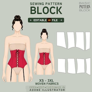 May include: A sewing pattern block graphic with the text "SEWING PATTERN BLOCK" and "BASIC PATTERN BLOCK". The image includes illustrations of a red corset with black lacing and garter straps, and pattern pieces. Text reads "XS - 3XL WOVEN FABRICS".
