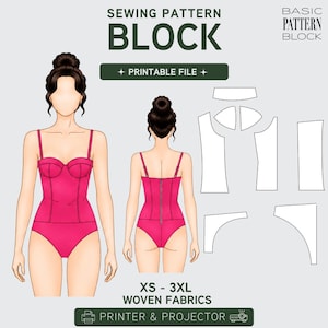May include: A digital sewing pattern block for a bodice, featuring a front and back view of a figure wearing a hot pink bodysuit with thin straps and a back zipper. Includes white pattern pieces, text reading SEWING PATTERN BLOCK, XS-3XL, and PRINTER & PROJECTOR.