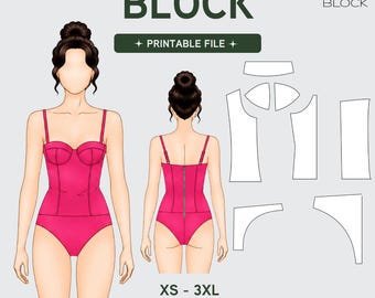PDF Cupped Bustier Leotard Sewing Pattern Block | Corset Bodice | Bridal | XS-3XL