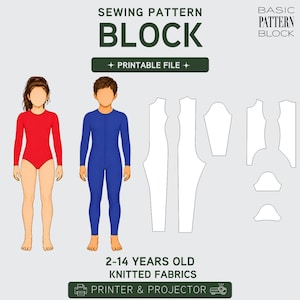 May include: A sewing pattern block for knitted fabrics, featuring a red leotard and a blue jumpsuit illustration. The text reads "SEWING PATTERN BLOCK" and "PRINTABLE FILE". Includes pattern pieces and is designed for ages 2-14.