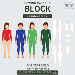 May include: A digital sewing pattern block for 2-14 years old knitted fabrics, featuring illustrations of four figures in red, blue, light green, and dark green bodysuits, alongside white pattern pieces, with text reading SEWING PATTERN BLOCK.