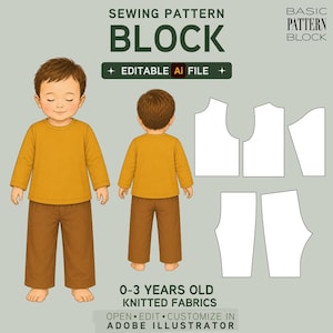 Puede incluir: Patrón de costura digital para ropa de niños. La imagen muestra a un niño con una camisa amarilla mostaza y pantalones marrones, con piezas de patrón. El texto incluye "SEWING PATTERN BLOCK" y "0-3 YEARS OLD KNITTED FABRICS". Archivo AI editable.