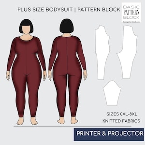May include: Illustration of a plus-size bodysuit pattern block. The front and back views of a burgundy bodysuit are shown, along with pattern pieces. Text includes "PLUS SIZE BODYSUIT | PATTERN BLOCK", "SIZES 0XL-8XL", and "KNITTED FABRICS".