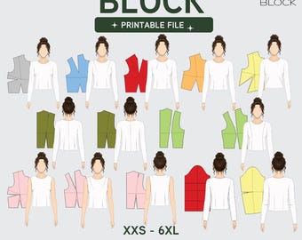 PDF | 14 Basic Bodice Sewing Pattern Block Bundle | Dart Variations | With & Without Sleeve | XXS-6XL