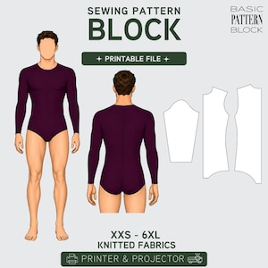 May include: A sewing pattern block graphic with a front and back view of a long-sleeved bodysuit in a deep purple color. The text "SEWING PATTERN BLOCK" is at the top, with "PRINTABLE FILE" below. The size range is XXS-6XL for knitted fabrics.