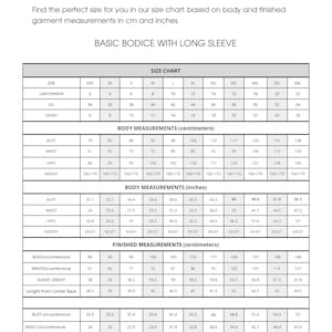 以下が含まれることがあります： 長袖のベーシックなボディスのサイズチャート。チャートは、バスト、ウエスト、ヒップ、身長のインチとセンチメートルでの測定値を示しています。また、バスト周囲、ウエスト周囲、袖丈、背中の中心からの長さの完成した衣料品の測定値も含まれています。