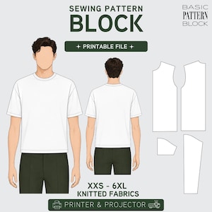 May include: A sewing pattern block for knitted fabrics, showing a front and back view of a white t-shirt, plus pattern pieces. Text includes "BLOCK" and "PRINTABLE FILE". Sizes available are XXS to 6XL. Includes printer and projector options.