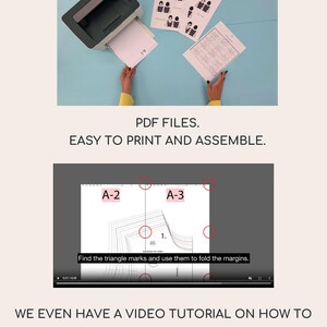 May include: A printer outputting a paper pattern with the text BASIC PATTERN BLOCK. Below, a digital screen displays a sewing pattern with labels A-2 and A-3, red circles highlighting alignment points, and the text Find the triangle marks and use them to fold the margins.