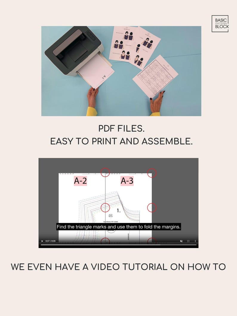 May include: A printer outputting a paper pattern with the text BASIC PATTERN BLOCK. Below, a digital screen displays a sewing pattern with labels A-2 and A-3, red circles highlighting alignment points, and the text Find the triangle marks and use them to fold the margins.