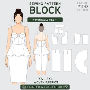 May include: A digital sewing pattern block for a strapless peplum dress with a veil. The illustration shows front and back views of the garment on a figure, alongside flat pattern pieces. Text includes SEWING PATTERN BLOCK, PRINTABLE FILE, and XS - 3XL.
