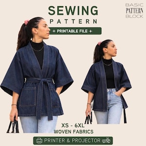 May include: A dark blue denim jacket with wide sleeves, a tie waist, and two front pockets. The text reads SEWING PATTERN, BASIC PATTERN BLOCK, PRINTABLE FILE, XS - 6XL WOVEN FABRICS, and PRINTER & PROJECTOR. The jacket is worn over a black top.